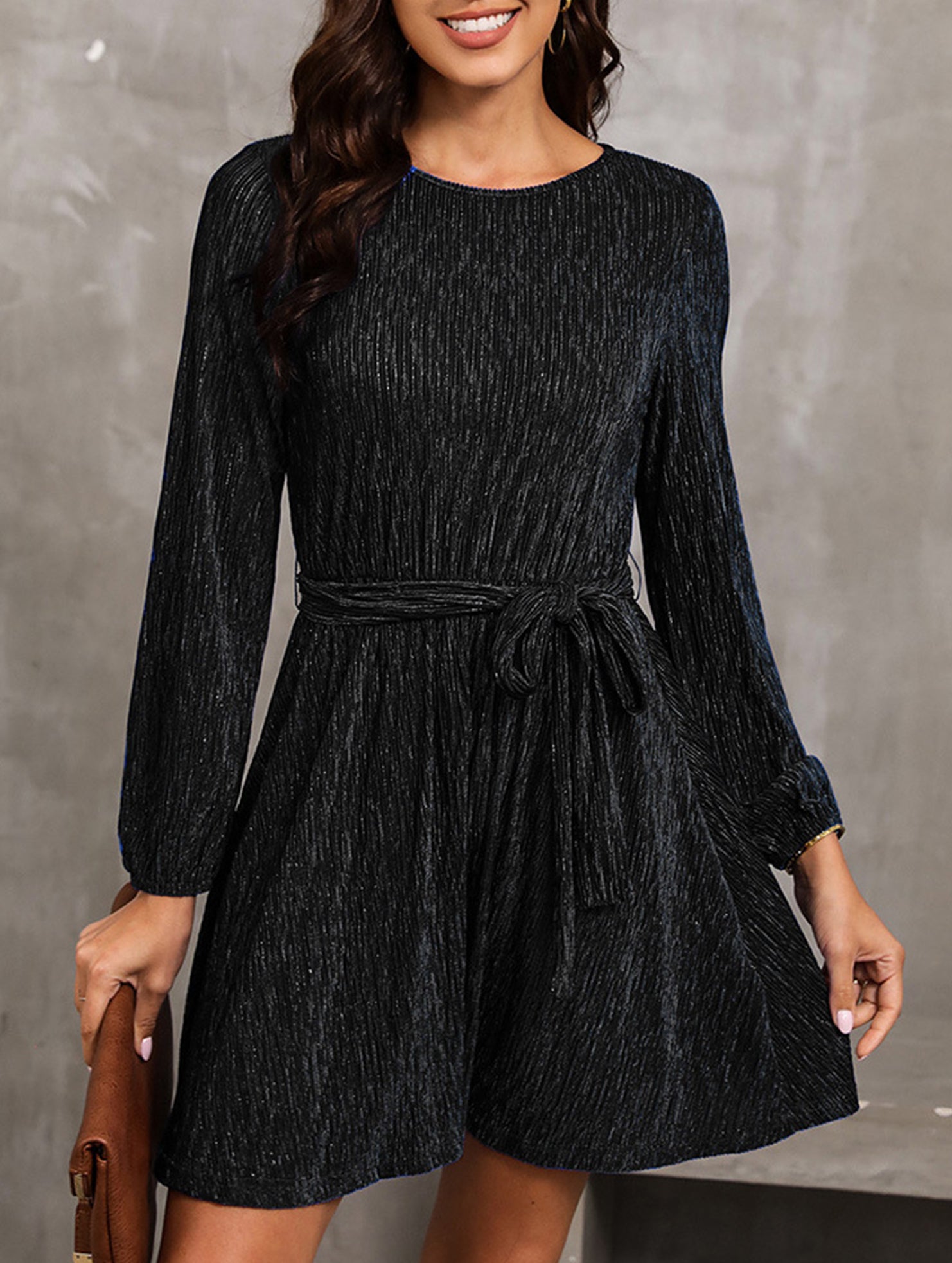 Pure color velvet long-sleeved dress