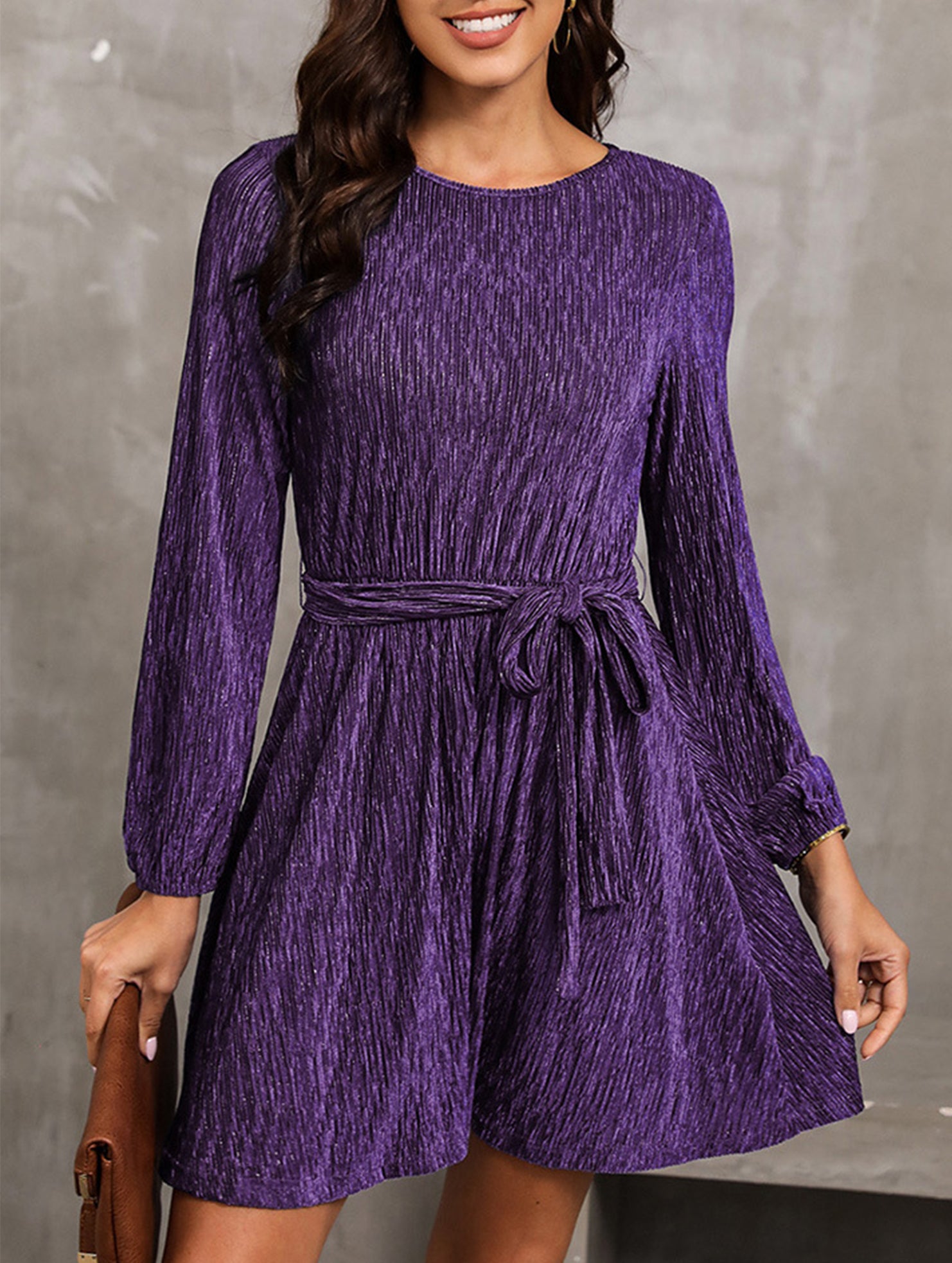Pure color velvet long-sleeved dress
