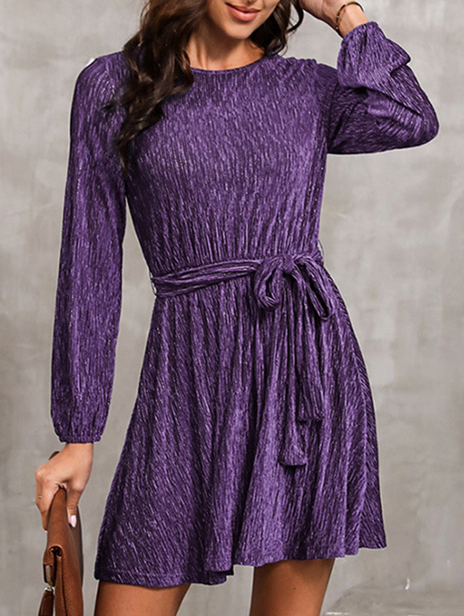 Pure color velvet long-sleeved dress
