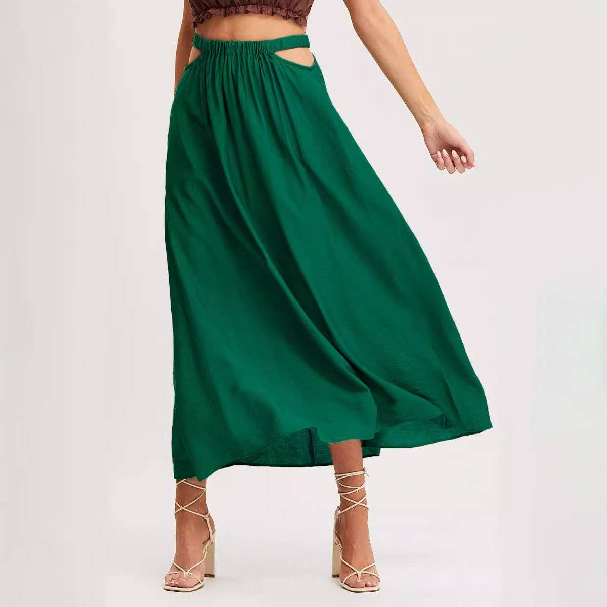SOLID COLOR SKIRT HIGH WAIST ELASTIC LONG SKIRT_CWBSS0411