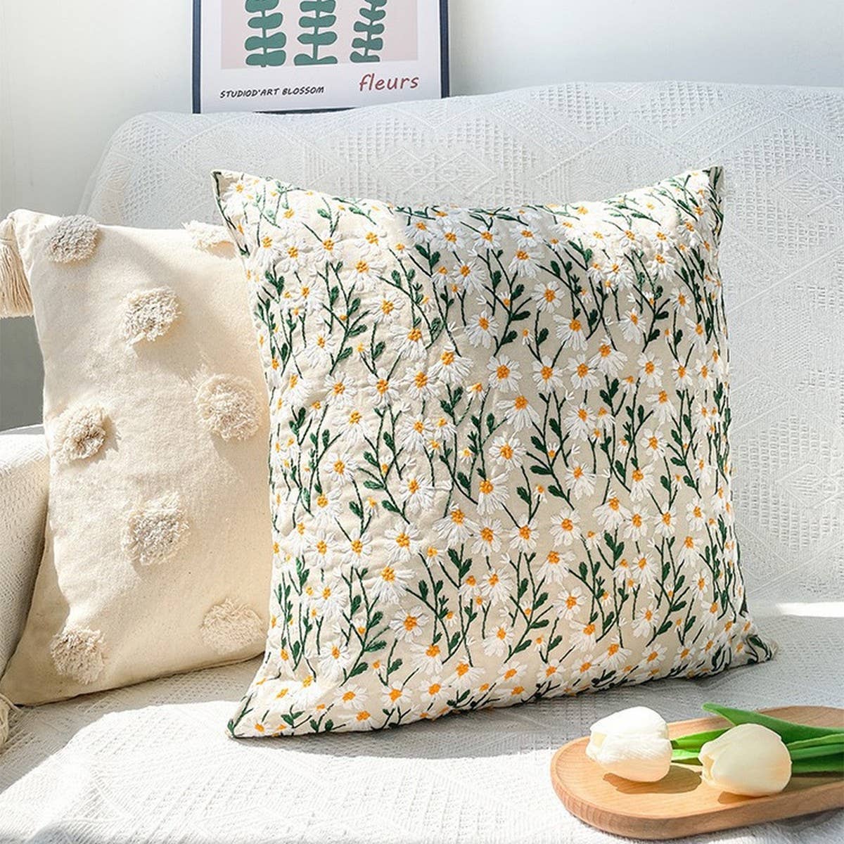 FLORAL EMBROIDERED SQUARE PILLOW COVER SOFA CUSHION_CWMM7708