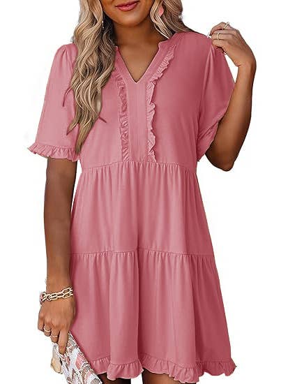 V-Neck Short-Sleeved Black Eared Pocket Dress