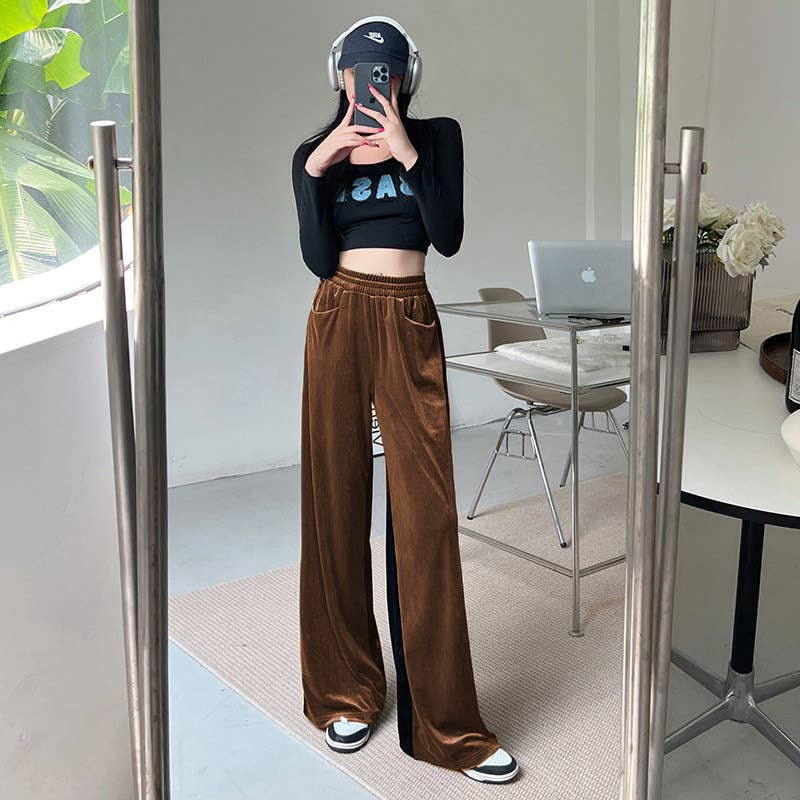 Suede Waist Waist Full Vertical Patchwork Pants