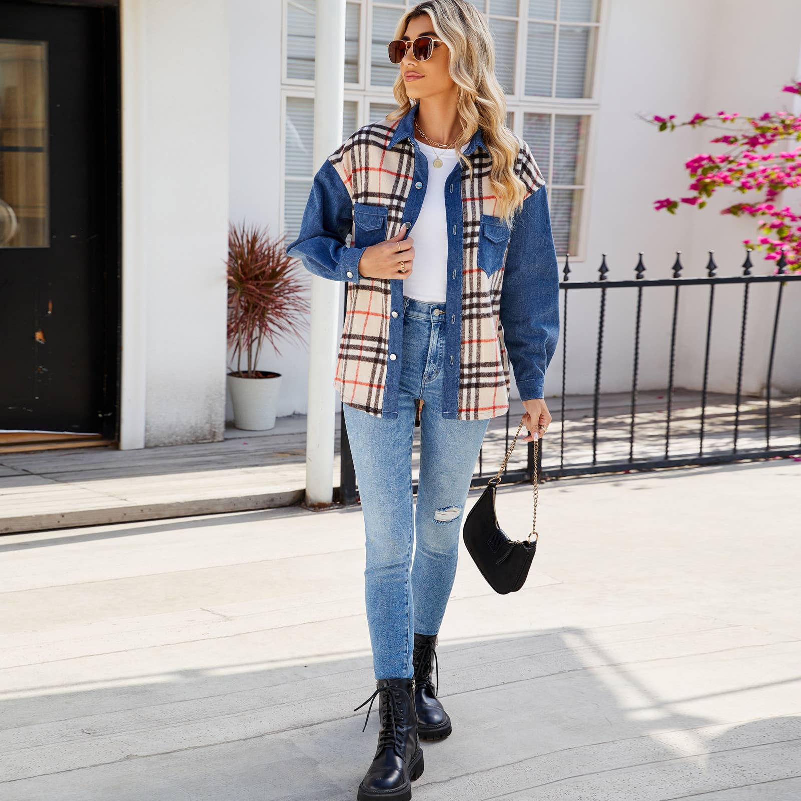 Washed Plaid Casual Denim Long-Sleeved Jacket