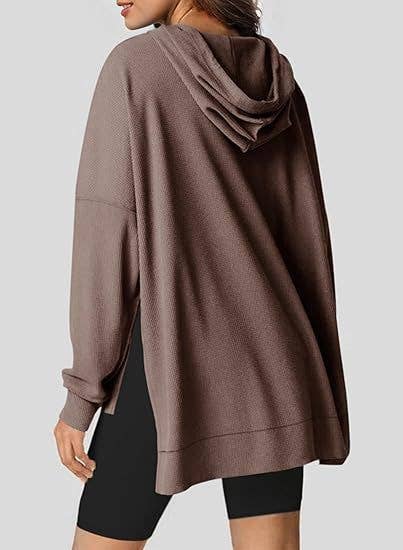 Waffle Knit Side Split Pullover With Pockets