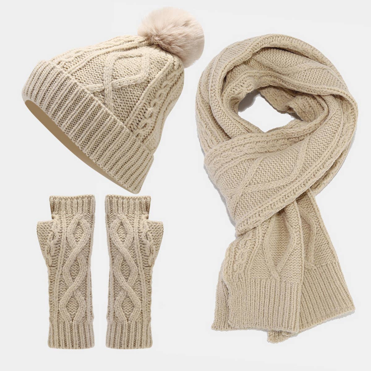 CABLE KNIT HAT SCARF AND GLOVES THREE PIECE SET_CWAH1580