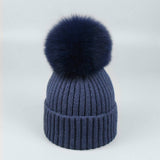 Winter Knit Beanie Hat With Fox Fur Pom For Women_Cwah05043