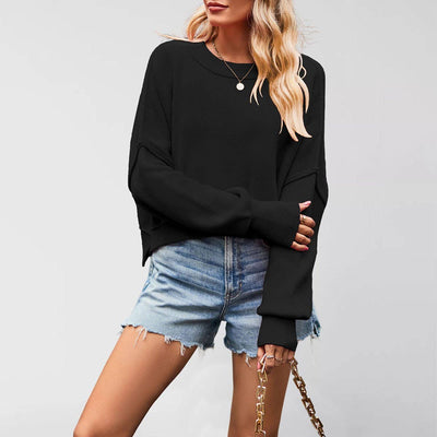 Solid Color Loose Knit Pullover Sweater Women_Cwoswl07202