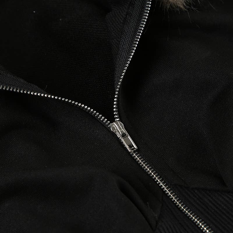 Woolen Collar,Cinched Waist,Hooded Zipper Jacket