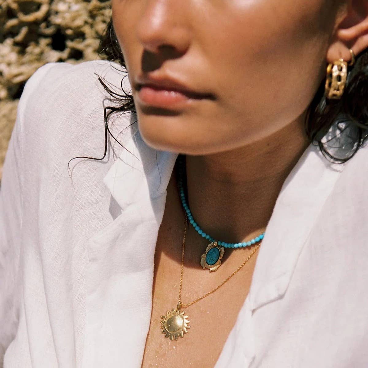 GOLD OCEAN CHARMS NECKLACE FISH SHELL BEADS_CWAJE4614