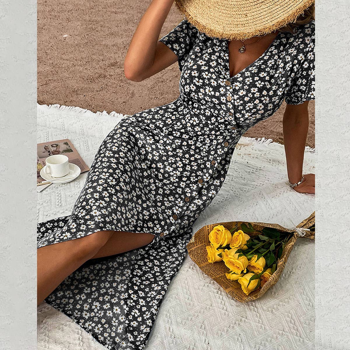 V Neck Floral Split Button Dress_Cwdmd1520