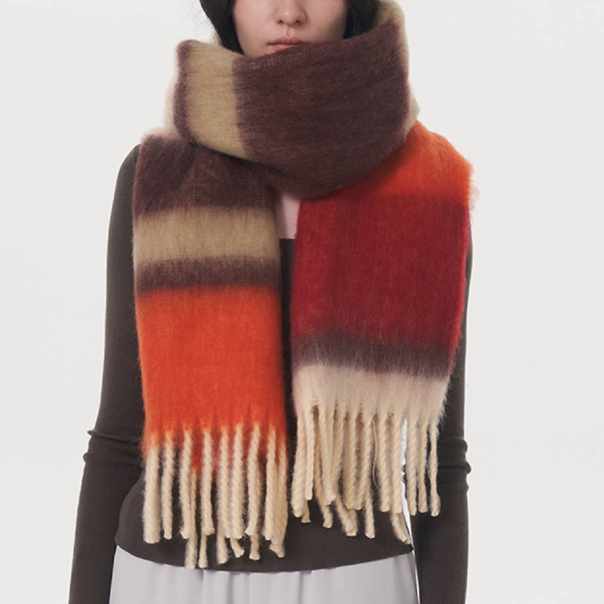 Women Contrasting Striped Fringed Plaid Scarf