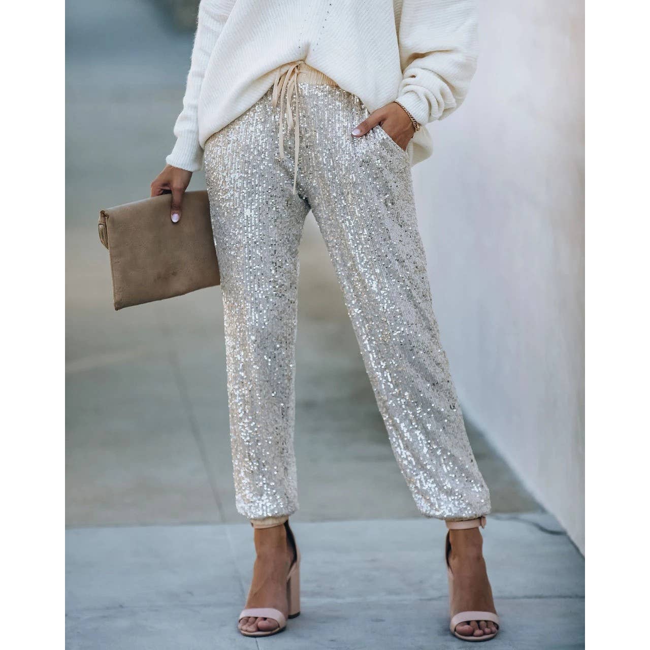 Thin Elastic Leg Sequin Basic Womens Pants