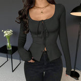 Solid-Color Long-Sleeved Lace-Up Fitted Top