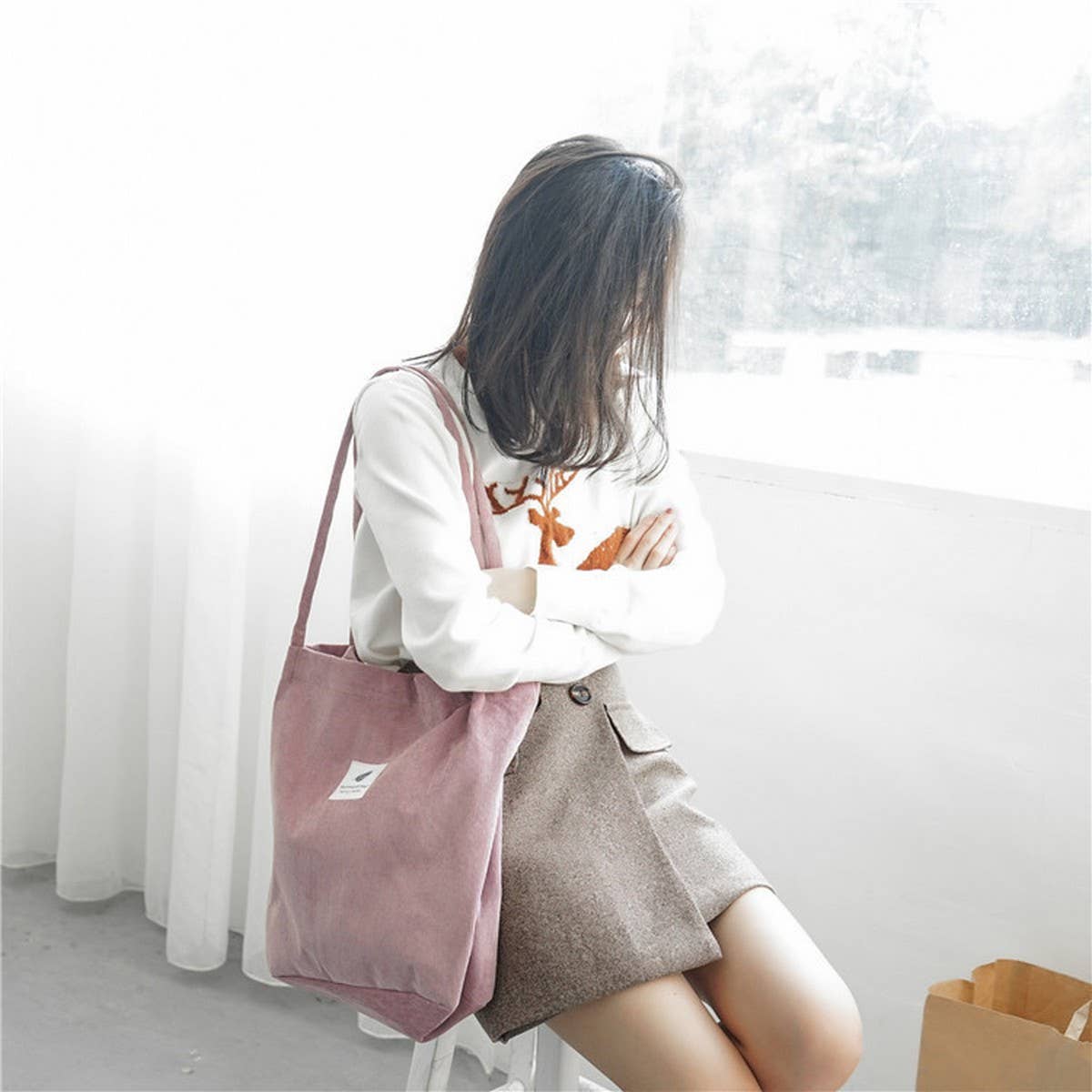 Cwab3911_Corduroy Snap-Button Large-Capacity Shoulder Bag