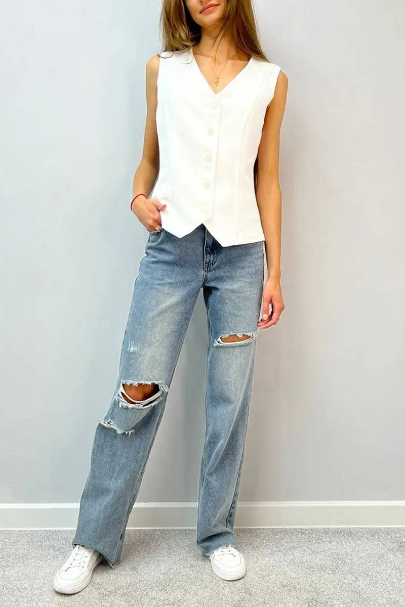 Cwtblsl0905_Vintage Sleeveless Blazer Vest Cardigan Top