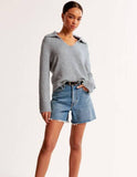 Solid-Color Loose Retro V-Neck Pullover Top