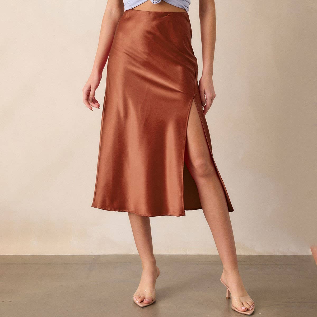 SATIN SKIRT HIGH WAIST ELASTIC SLANTED LONG SKIRT_CWBSS0387