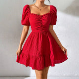 Solid-Color Square-Neck Short-Sleeved Dress