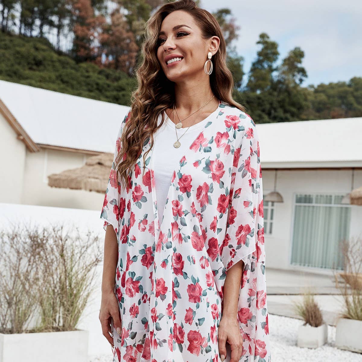 FLORAL PRINT FRONT OPEN KIMONO FOR SUMMER VACATION_CWASC0780