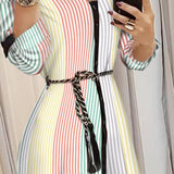 Striped Lapel Long-Sleeved Dress With Lace-Up