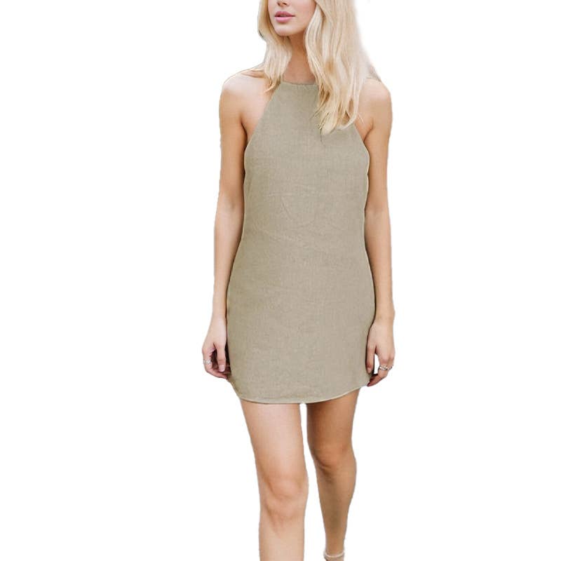 Solid Color Halter And Lace-Up A-Line Dress