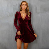 V-Neck Waistline A-Line Long-Sleeved Velvet Dress