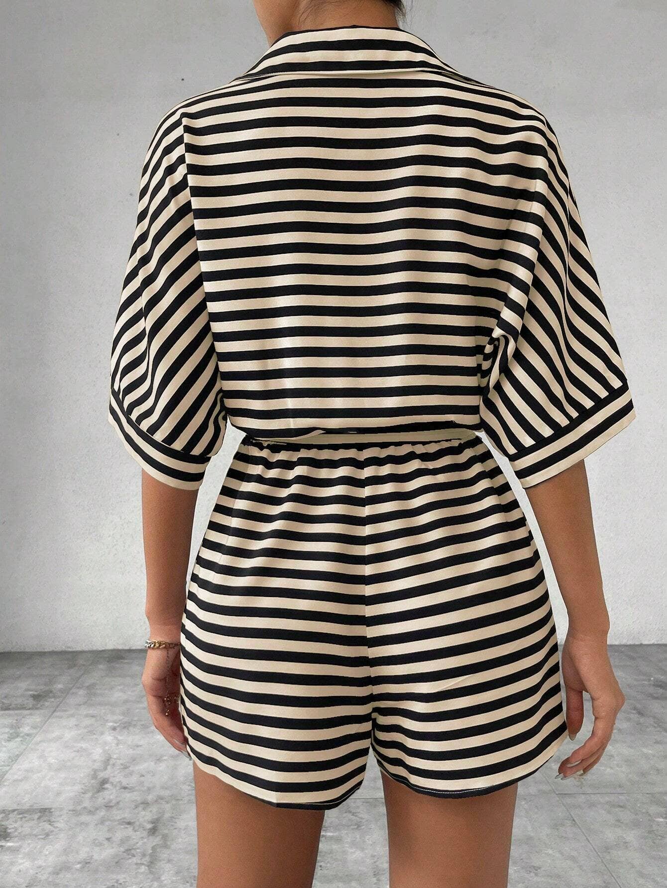 Womens Striped Buttoned Cardigan Romper