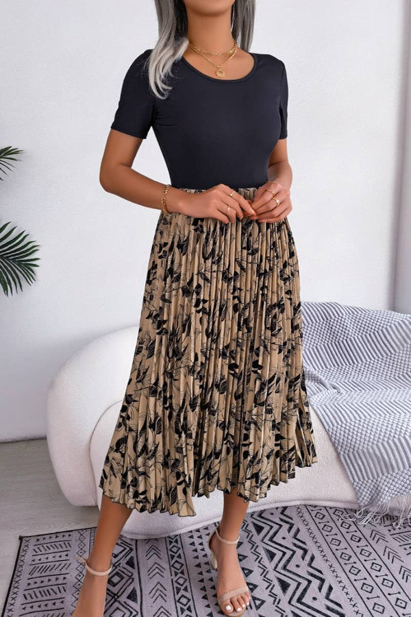 CWDMD2661_SUMMER CASUAL LEAVES HIGH-WAISTED PLEATED DRESS