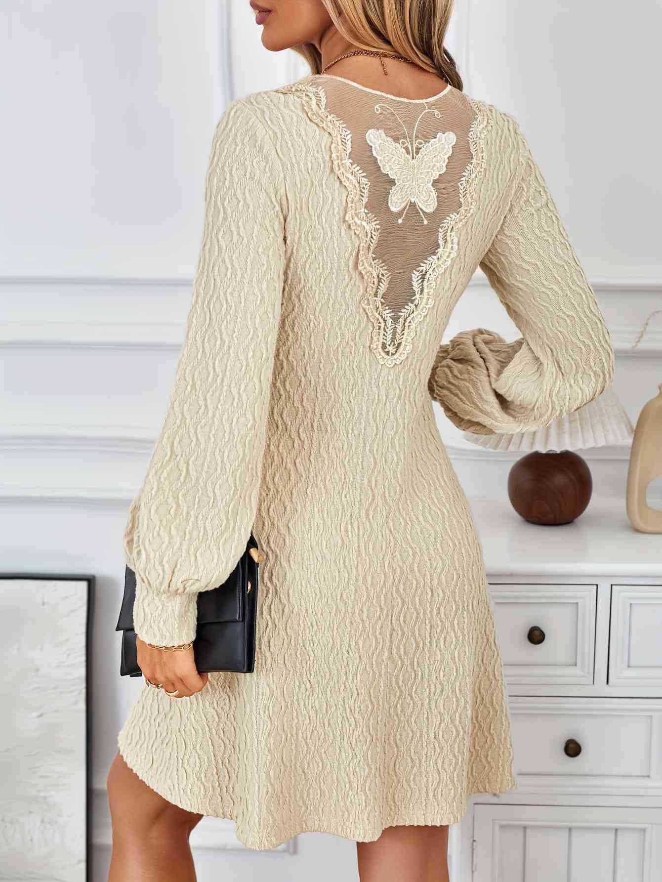 V-Neck Lace Trim Lantern Sleeve Dress