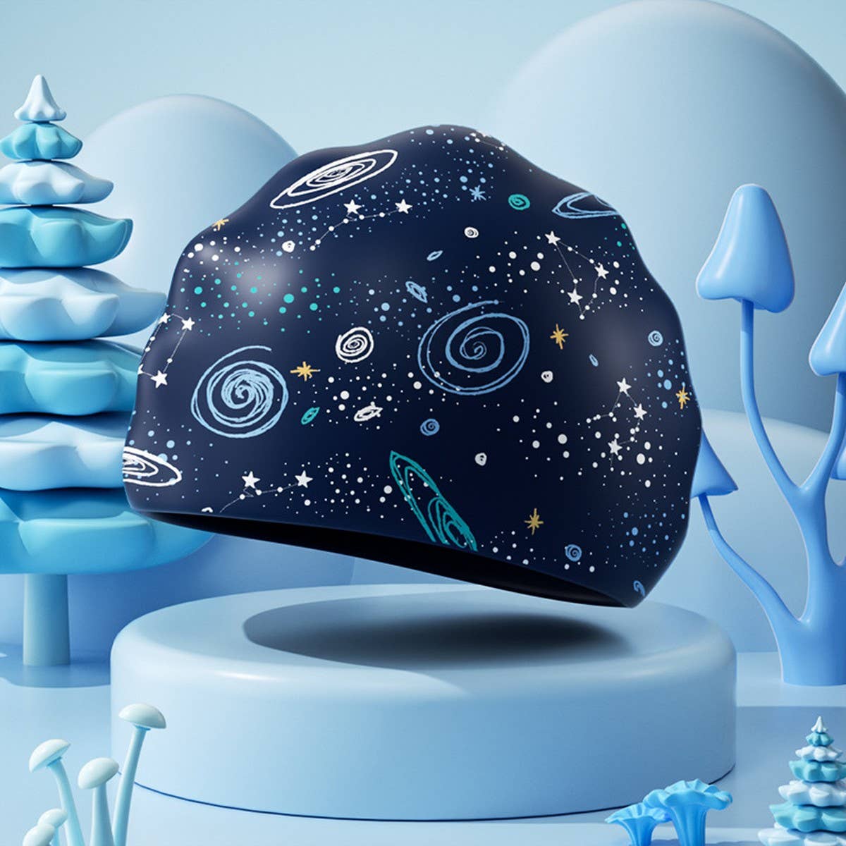 BOYS XL SILICONE SWIM CAP GALAXY PRINT COMFY FIT_CWMM6785