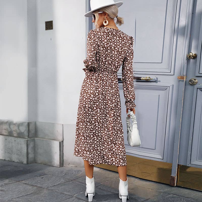 V-Neck Floral Slit Long-Sleeved Fashion Dress