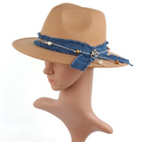 Womens Denim Blue Fabric Band Panama Hat_Cwah1878