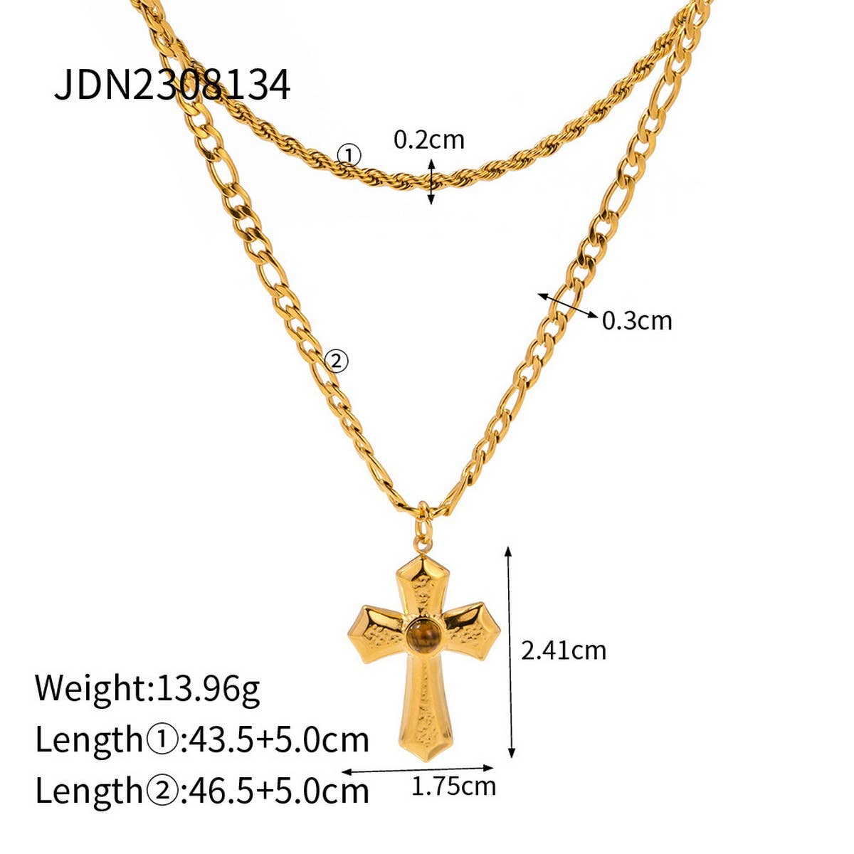 FRENCH PLEATED GOLD CROSS DOUBLE NECKLACE_CWAJE1899
