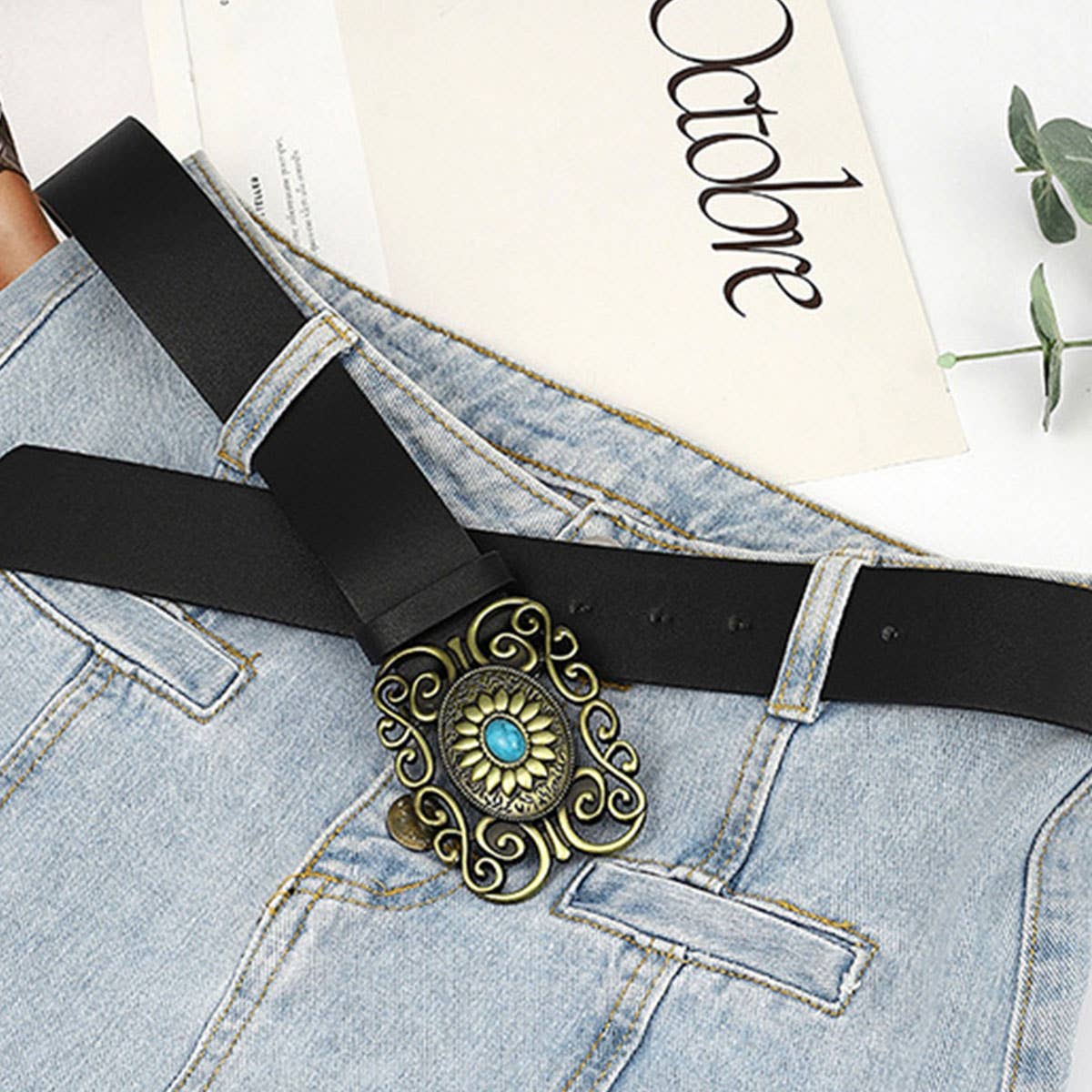 12KINDS TURQUOISE ALLOY BUCKLE BLACK VINTAGE BELT_CWABE0195