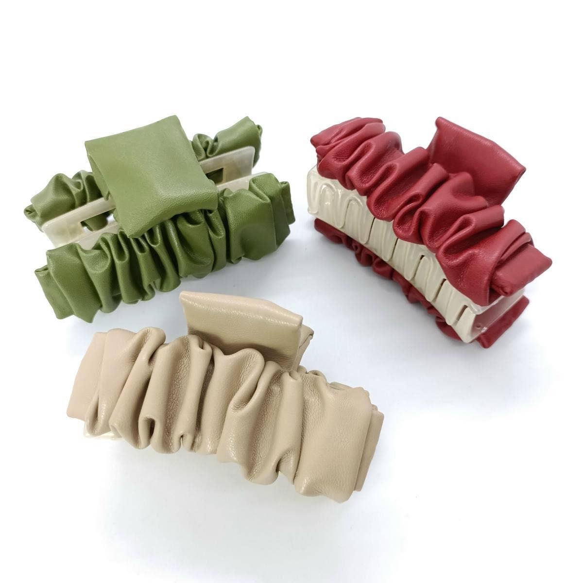 Solid Color Ruched Wave Pu Leather Hair Clip_Cwaha6374