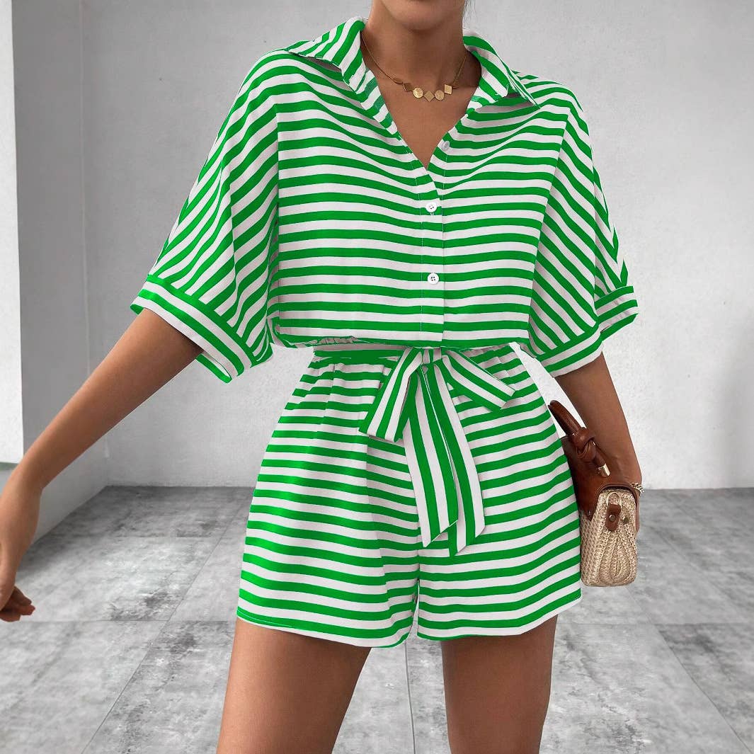 Striped Lapel Belted Shorts Short Sleeved Onesie