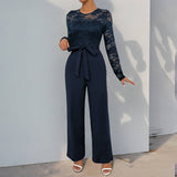 Solid Color Jumpsuit Lace Patchwork Zipper