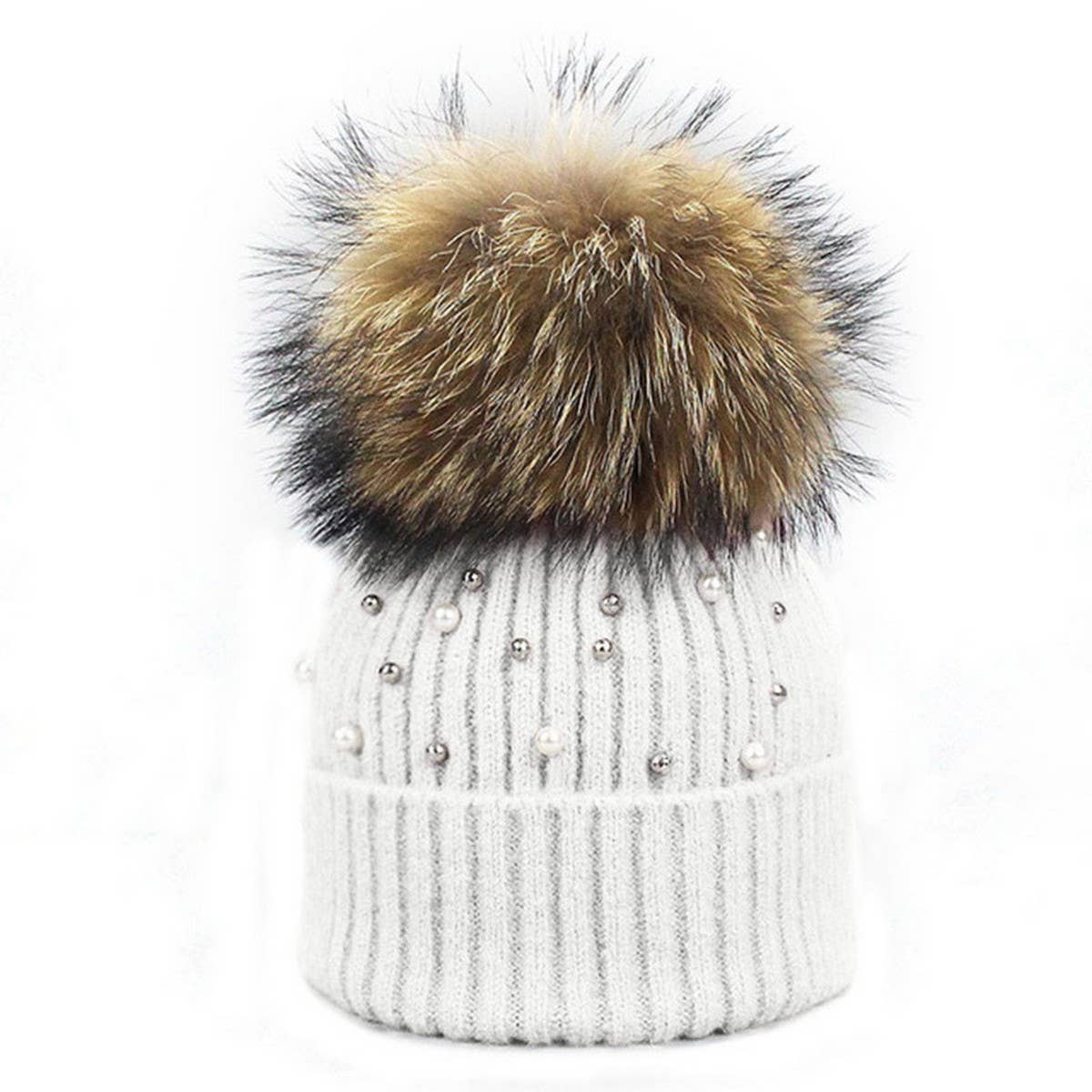 Women¡¯S Knit Beanie With Pearl & Fur Pom_Cwah04987