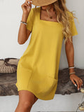 Square-Neck Short-Sleeved Casual Pockets Dress