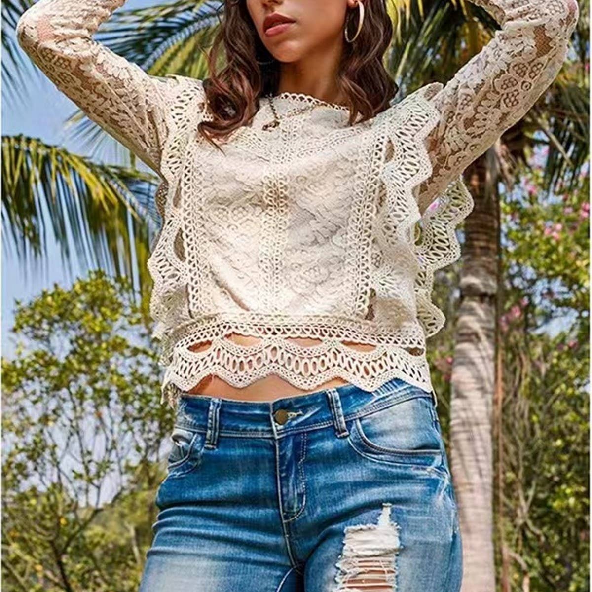 Solid Color Cutout Lace Crop Long Sleeve Top