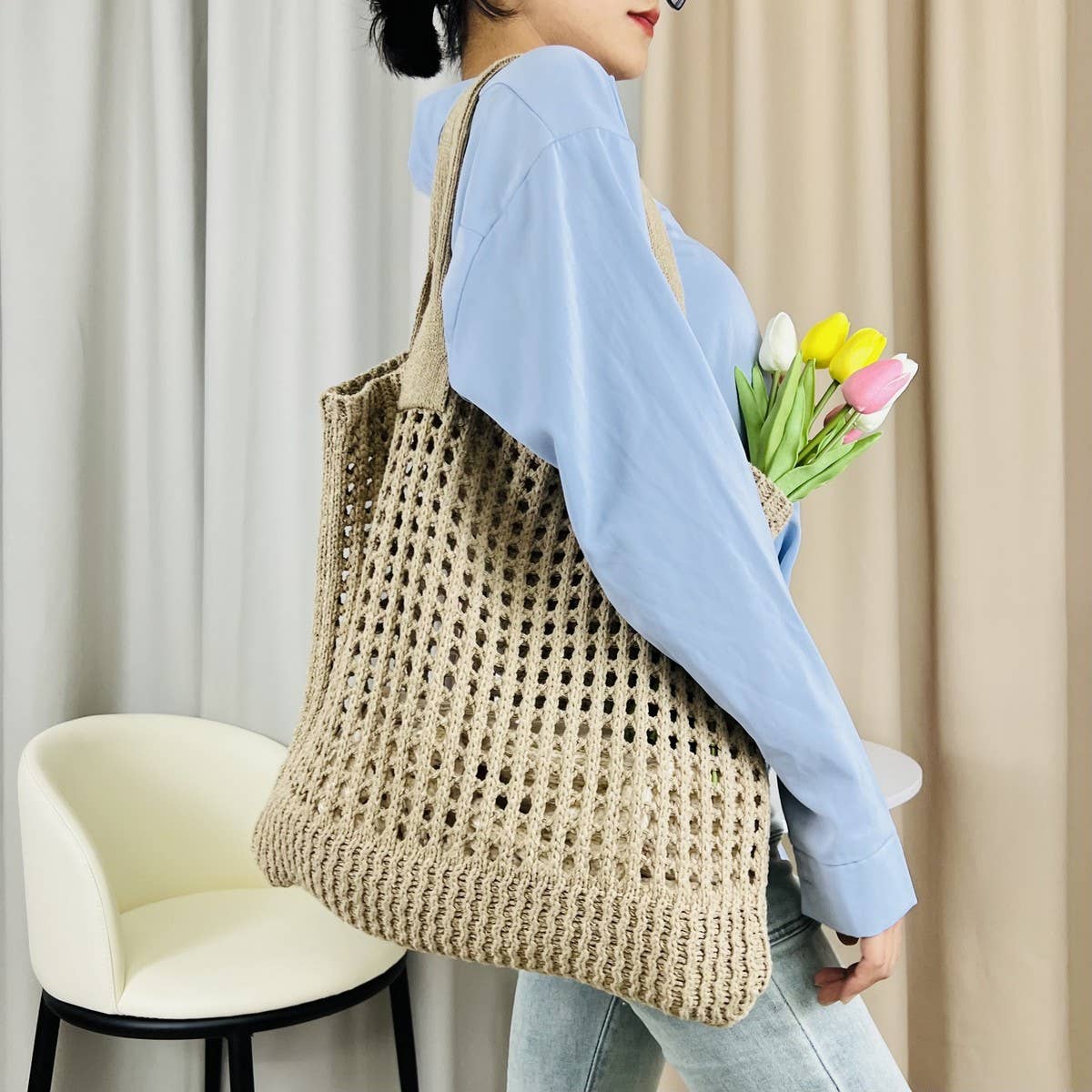 Cwab5059_Solid Color Hollow Bag Single Shoulder Woven Bag
