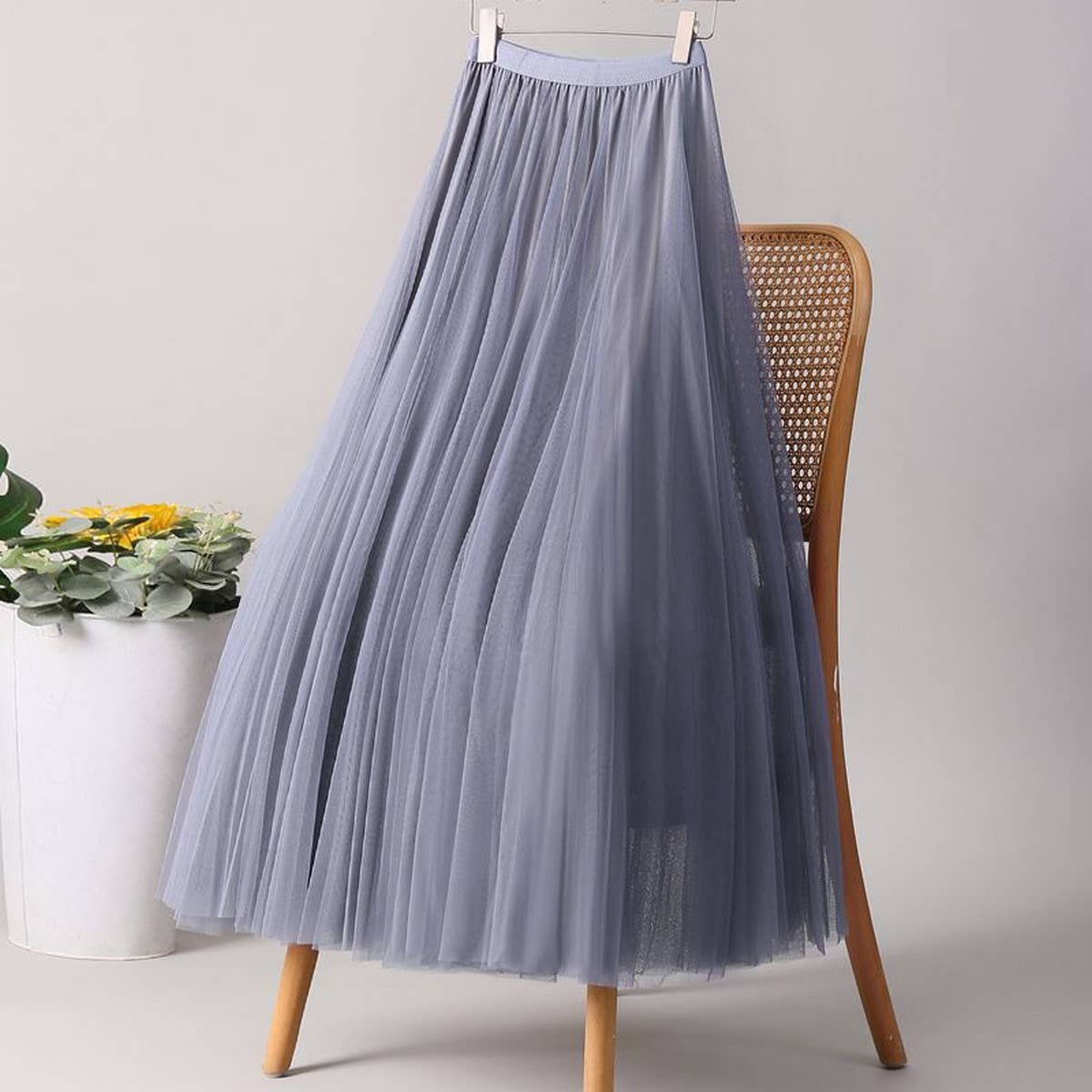 SOLID COLOR ELASTIC WAIST MESH TULLE A LINE SKIRT_CWBLS0372