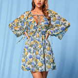 Vintage Gentle Wind Floral Long Sleeve Slip Dress