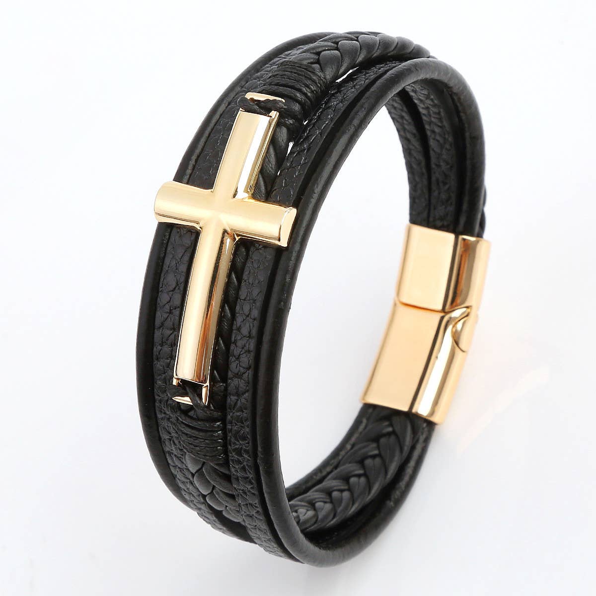 NEW LEATHER HANDWOVEN GOLD MAGNET BUCKLE BRACELET_CWAJE1468