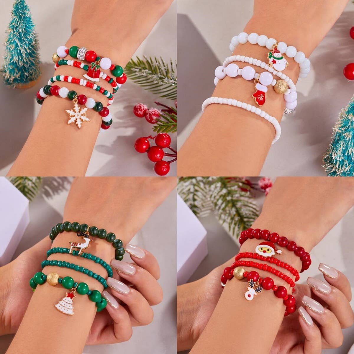 Cwaje2509_Christmas Snowflake Bell Elastic Beaded Bracelet