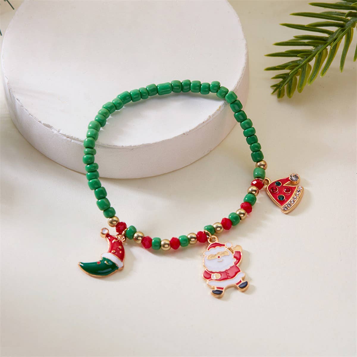 CHRISTMAS CANE PENDANT RICE BEAD BRACELET_CWAJE2383