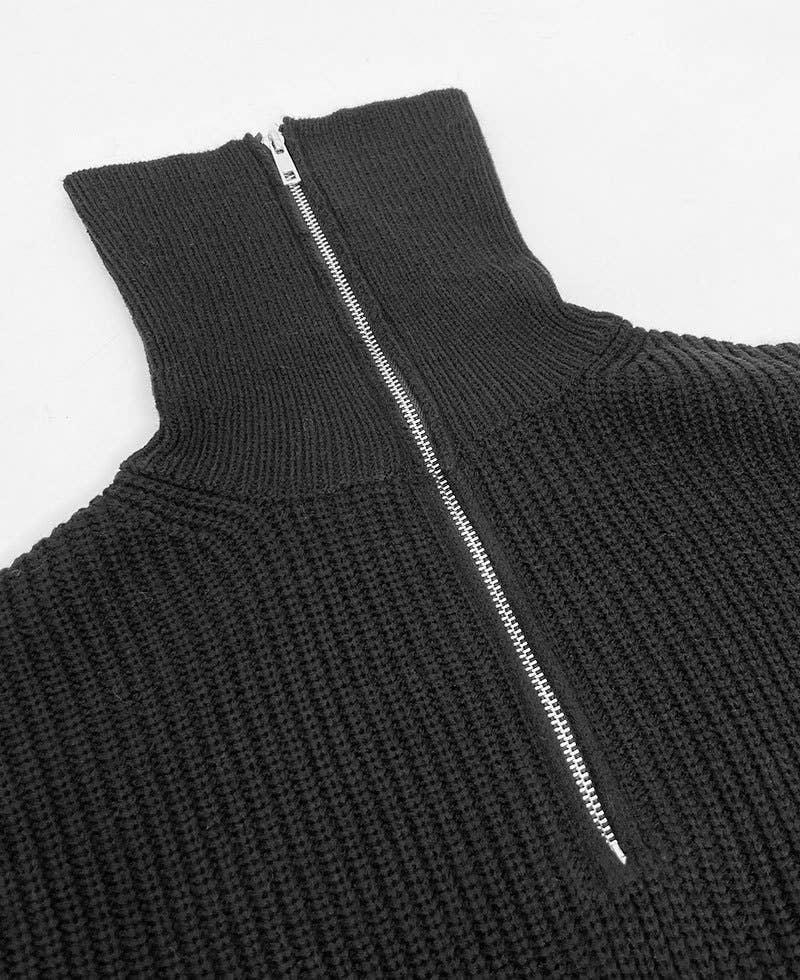 Solid-Color High-Neck Zipper Lapel Sweater