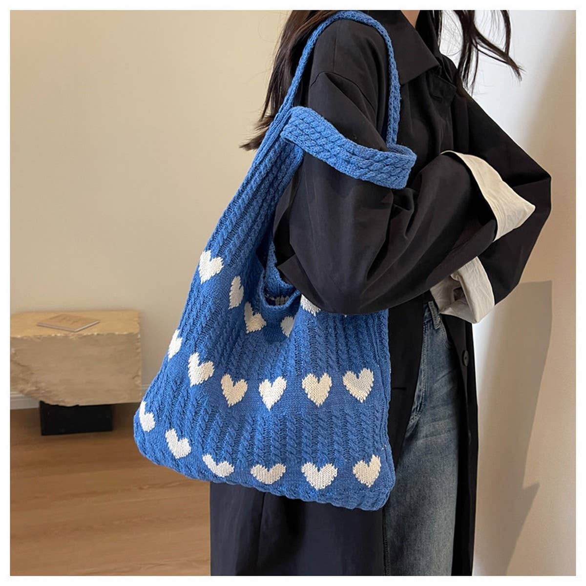 Cwab4569_Heart Pattern Knitted Large Capacity Tote Bag