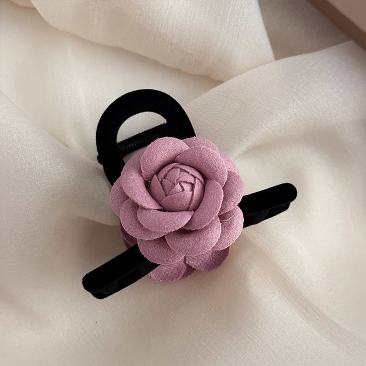 NEW BLACK VELVET PINK CAMELLIA HAIRPIN_CWAHA4658